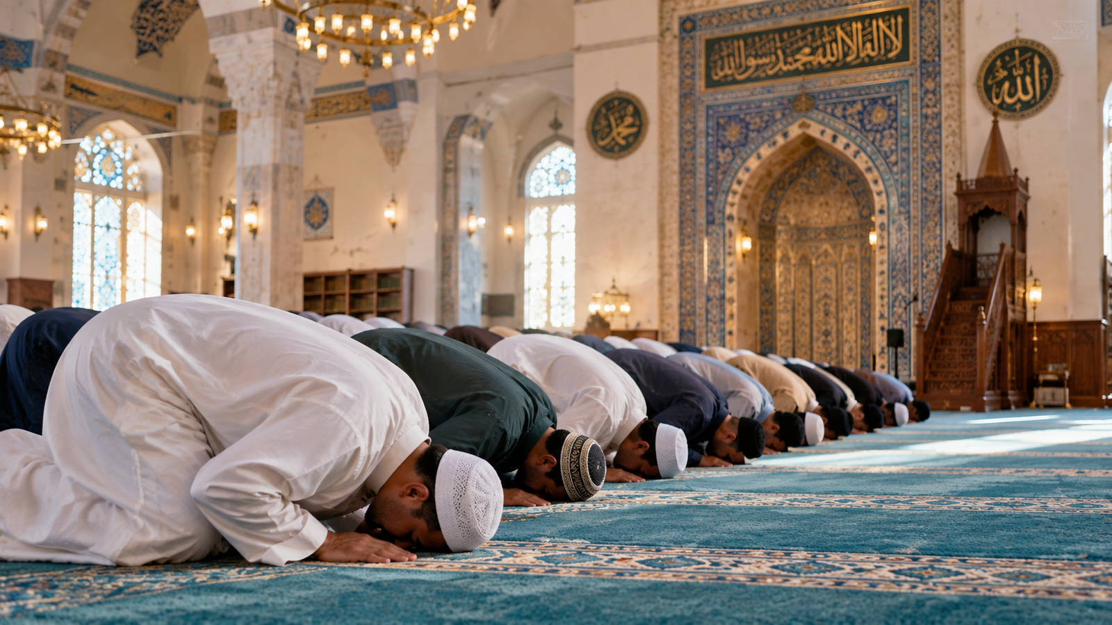 Muslims performing Islamic prayer in a mosque