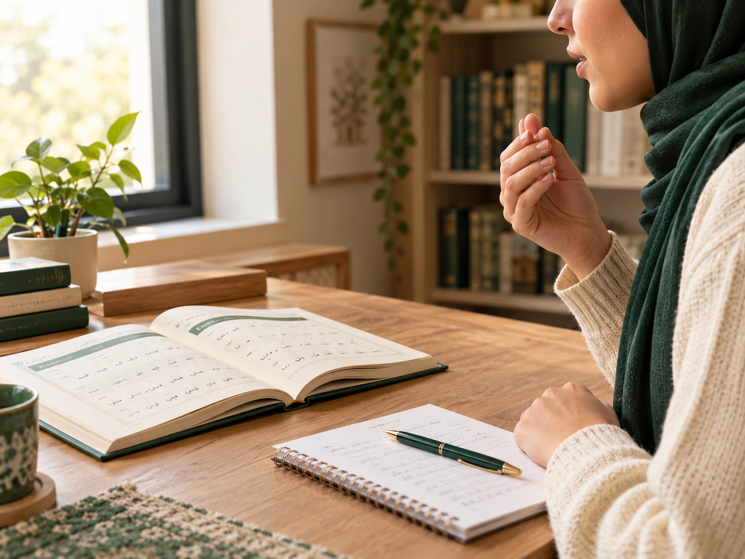 Student practising Arabic pronunciation with a learning book and notebook.