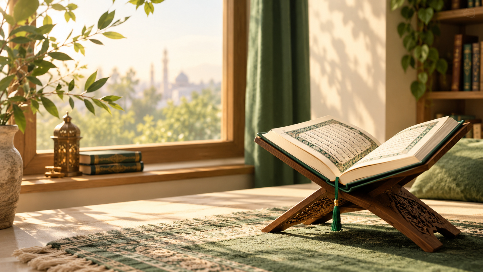 Quran on a wooden stand in soft natural light.